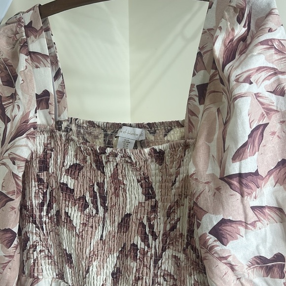 House of Harlow 1960 Linen Smocked Pink Palm Midi Dress Bishop Sleeve Medium - Picture 11 of 16